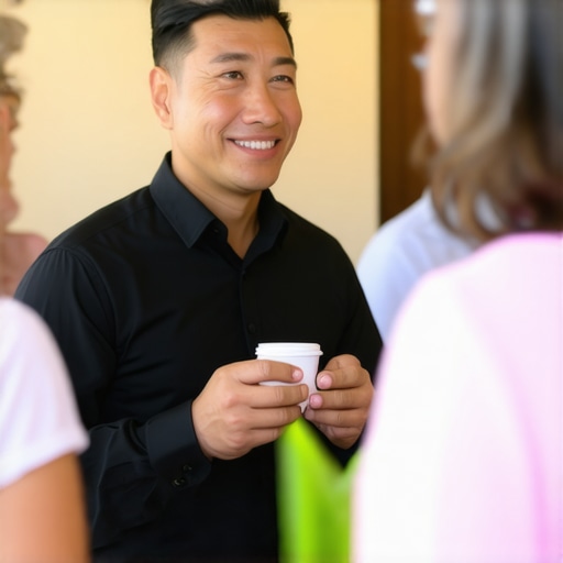 Business owner participating in Glendale community event, smiling and interacting with locals