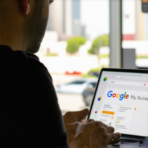 Optimizing GMB Profile in Glendale Business owner updating Google My Business profile on a laptop with Glendale city backdrop.