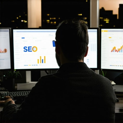 Professional analyzing SEO metrics on screens with Glendale cityscape.