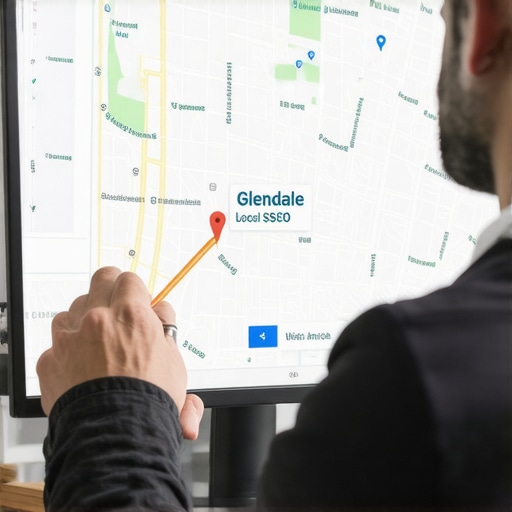 Analyzing Glendale Local SEO Data Person reviewing local SEO analytics on a computer with Glendale map in the background.