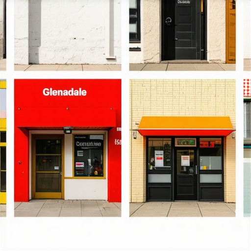 A collage showcasing Glendale storefronts with vibrant signage and Google Maps markers.