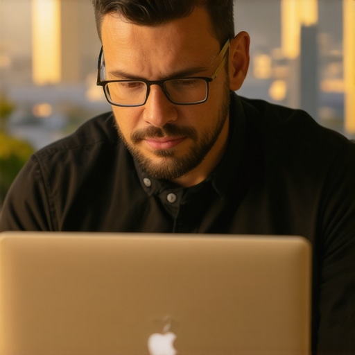 Business owner updating Google My Business profile on laptop with Glendale cityscape