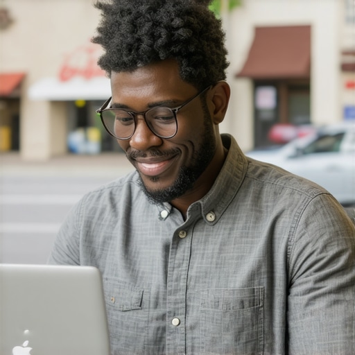 Glendale business owner editing Google My Business profile on a laptop, with storefronts around.