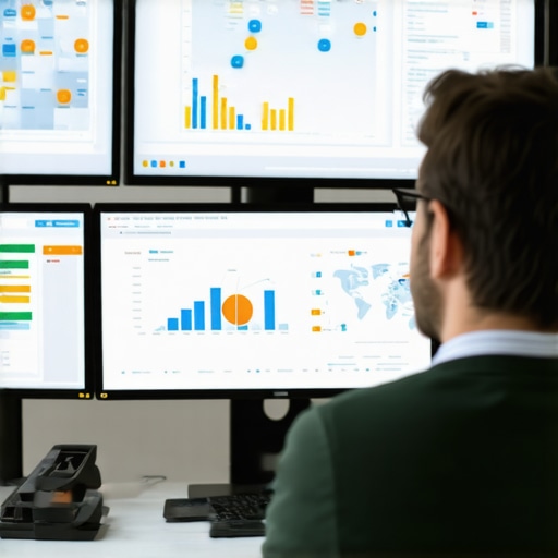 A person analyzing local SEO performance on multiple screens with maps and graphs