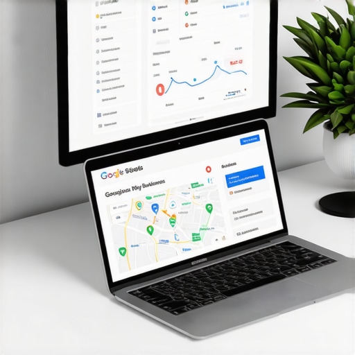 A workspace setup showing SEO analytics dashboards on monitors and a laptop with local SEO data.