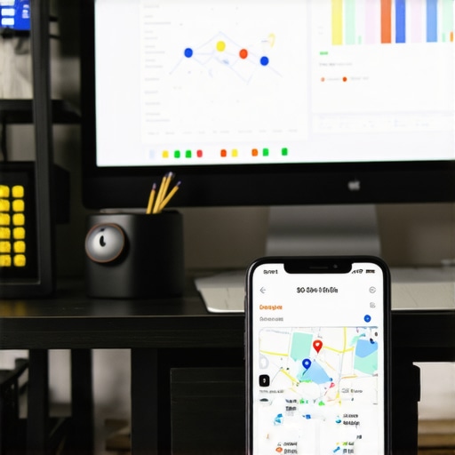 Close-up of a desk with SEO software and Google Maps analytics on a computer monitor