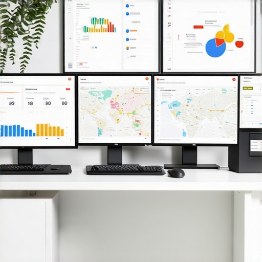 Local SEO Tools Setup A workspace with computers showing SEO analytics and Google Maps statistics.