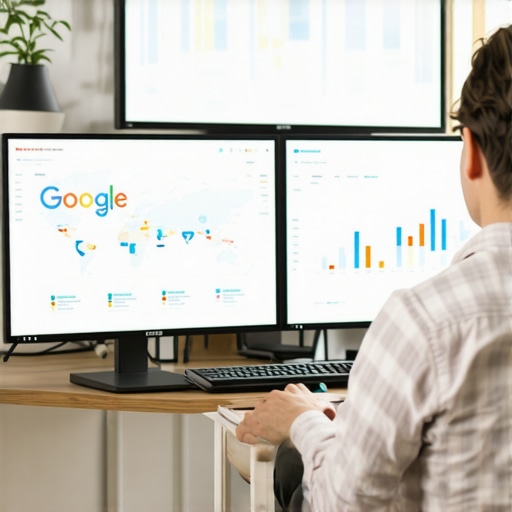 SEO analyst using software on multiple screens to optimize Glendale local search results.
