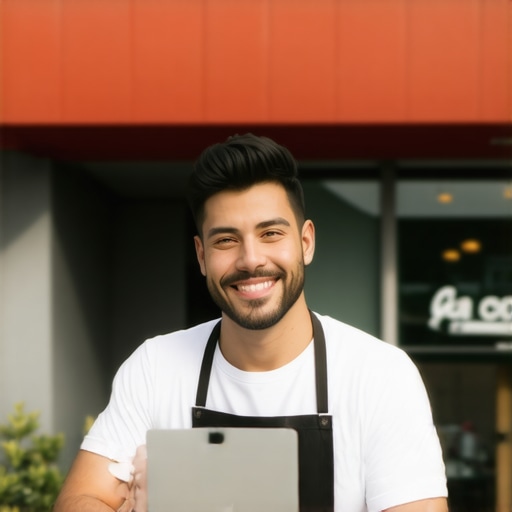 Business owner working on Google My Business profile with a Glendale storefront behind
