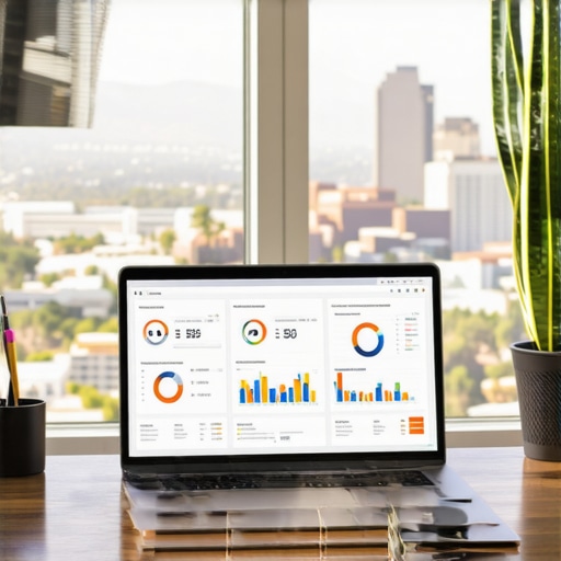 Workspace with SEO analytics and Glendale cityscape.