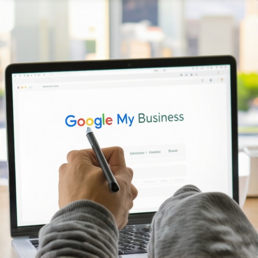 Person updating Google My Business profile with Glendale cityscape on screen.