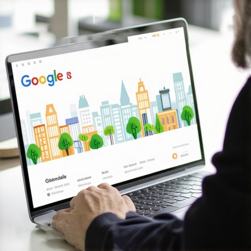 Business owner optimizing Google My Business profile on laptop with Glendale landmarks