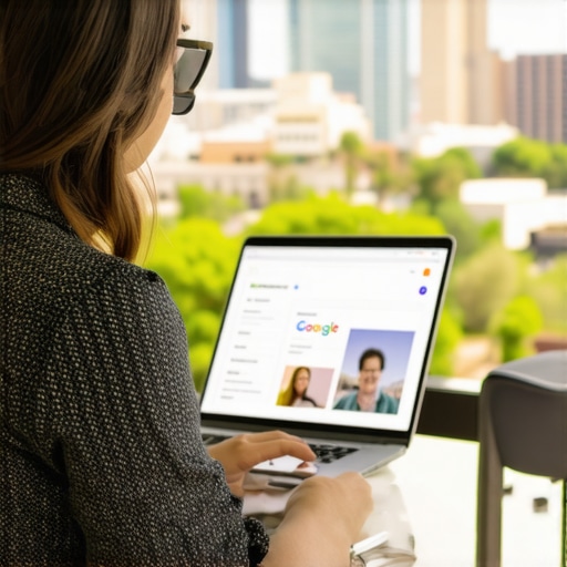 Optimizing Glendale GMB Profile Business owner optimizing Google My Business profile on laptop with Glendale cityscape