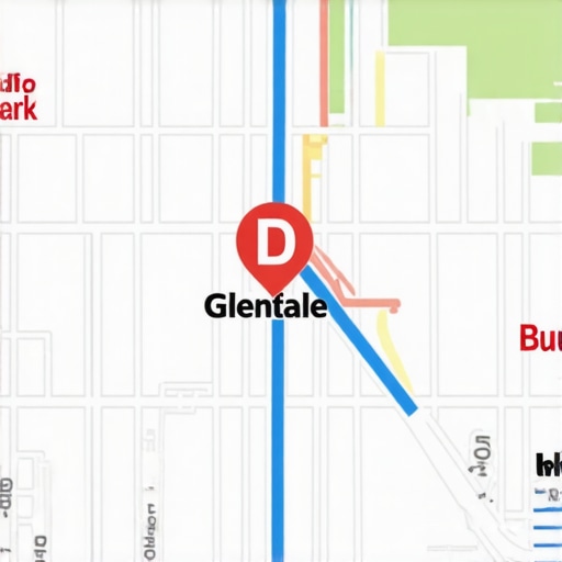 Map showing Glendale and Burbank boundary zones with business pins and markers