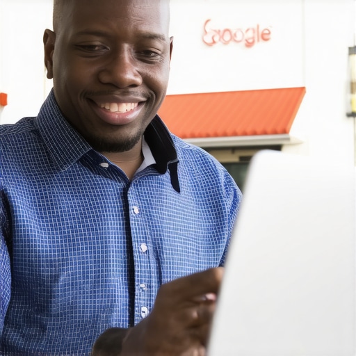 Business owner updating Google My Business profile with Glendale storefront in background.